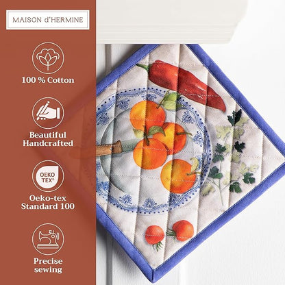 Maison d' Hermine Pot Holders 100% Cotton Heat Resistant Potholders 8" x 8" Hot Pads with Loop BBQ Cooking Baking Hotel Farmhouse Kitchen Handling Hot Pans Spring Summer (Pack of 1, Gourmand)