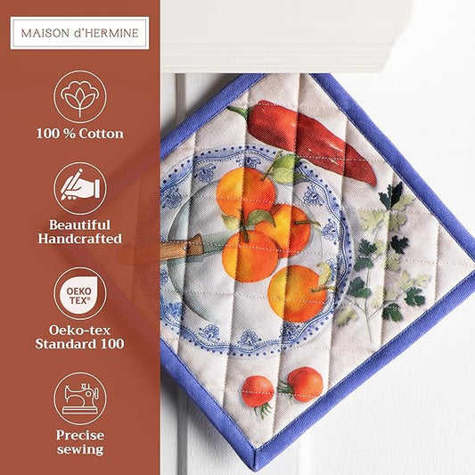 Maison d' Hermine Pot Holders 100% Cotton Heat Resistant Potholders 8" x 8" Hot Pads with Loop BBQ Cooking Baking Hotel Farmhouse Kitchen Handling Hot Pans Spring Summer (Pack of 1, Gourmand)
