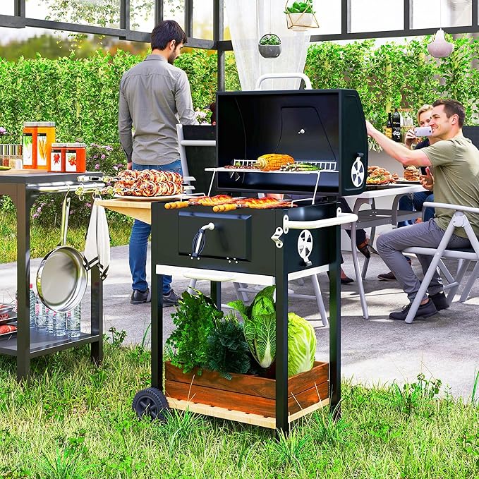 Premium Durable Robust Heavy-Duty Portable Charcoal Barbecue Grill with Side Table Bottom Storage Shelf Wheels Handle Black