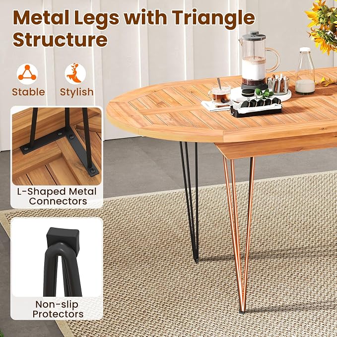 Tangkula 71" Outdoor Dining Table for 6, Oval Teak Wood 6 Person Patio Table with 2" Umbrella Hole, Metal Legs, Safety Locks and Wood Tabletop, Outside Table for Garden, Poolside & Backyard