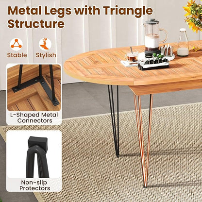 Tangkula 71" Outdoor Dining Table for 6, Oval Teak Wood 6 Person Patio Table with 2" Umbrella Hole, Metal Legs, Safety Locks and Wood Tabletop, Outside Table for Garden, Poolside & Backyard