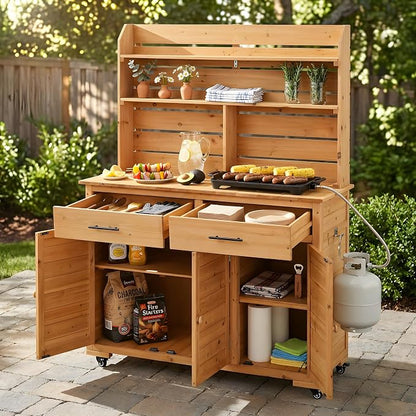 Outdoor Grill Cart with Storage Cabinet, Wood Outdoor Kitchen Island Prep Cart Grill Station for Food Prep and BBQ, Natural