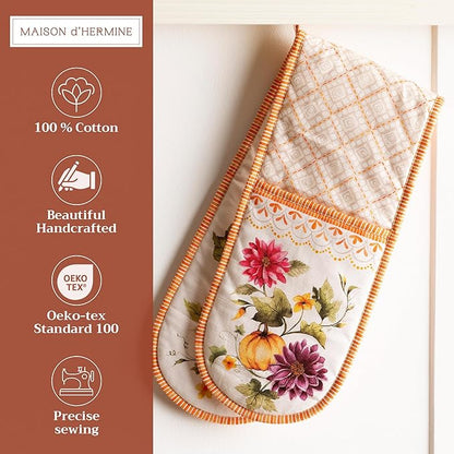 Maison d' Hermine Double Oven Mitt (7" x 35") 100% Cotton Heat Resistant BBQ Cooking Gloves with Loop for Thanksgiving Christmas Decorations Cooking Handling Hot Pan (Pumpkin Garden - Cloudy Cream)