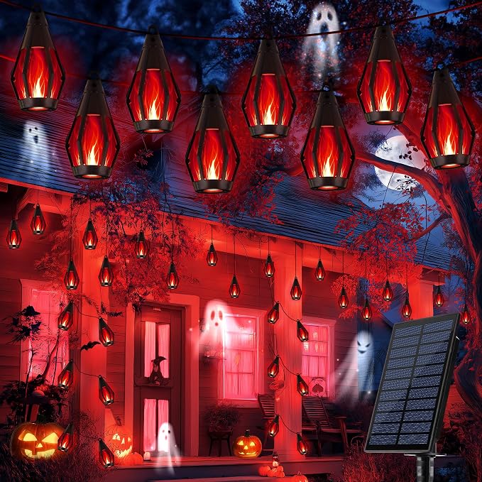 iBaycon 42FT 15 LED Solar Flame Halloween String Lights Outdoor, Red | Ultra-Real Flickering Flame Lamp Outdoor Waterproof, Solar Patio String Lights for Garden Yard Lawn Halloween Decorations
