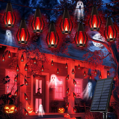iBaycon 42FT 15 LED Solar Flame Halloween String Lights Outdoor, Red | Ultra-Real Flickering Flame Lamp Outdoor Waterproof, Solar Patio String Lights for Garden Yard Lawn Halloween Decorations