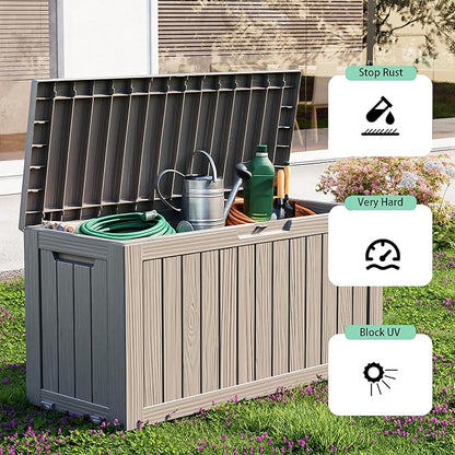 PatioZen 90 Gallon Deck Box Outdoor, Weatherproof Resin Patio Storage Box, Waterproof Outdoor Storage Boxes with Lid Lockable for Cushions, Garden Tools,Grey