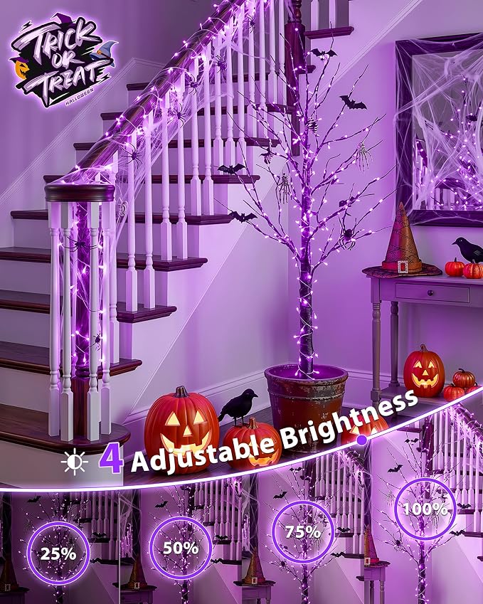 33FT 100 LED Purple Halloween Christmas Fairy Twinkle String Lights | Remote Control, 13 Modes with Memory, 4 Dimmable Brightness, 4 speed levels, Connectable, IP65 Waterproof, Transparent Wire