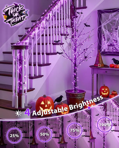 33FT 100 LED Purple Halloween Christmas Fairy Twinkle String Lights | Remote Control, 13 Modes with Memory, 4 Dimmable Brightness, 4 speed levels, Connectable, IP65 Waterproof, Transparent Wire