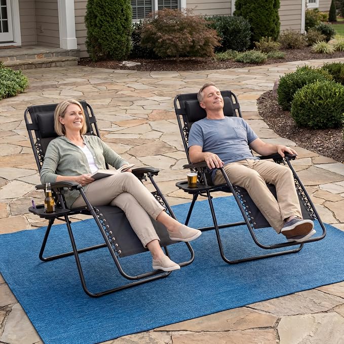 Adjustable Folding Lounge Chair, Portable Camping Chair for Adults with Headrest, Reclining Outdoor Chair with Removable Tray, Foldable Low Beach Chair for Camping, Picnic, Travel, Black