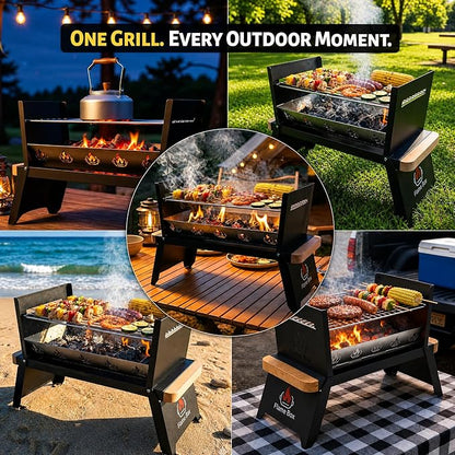 Nomad Portable Charcoal Grill – Ultra-Slim Folding BBQ for Outdoor Cooking, Camping & Travel | 304 Stainless Steel, Heat-Resistant Wood Handles, 3-sec Setup, Ready to serve 3-4 people