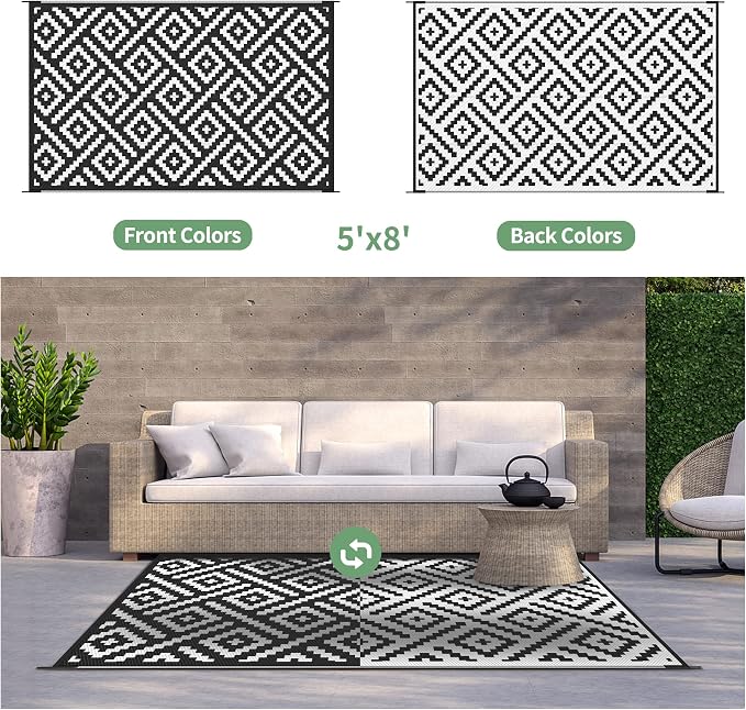 GENIMO Outdoor Rugs 8x10 Waterproof, Reversible Mats, Area Plastic Straw Rug, Outside Carpet, Geometric Rv Mat for Patio Camping Picnic Backyard Deck Balcony Porch Beach Trailer (Black & White) | Outside Larger Modern Carpet Mat for Porch Decor, Deck, ...