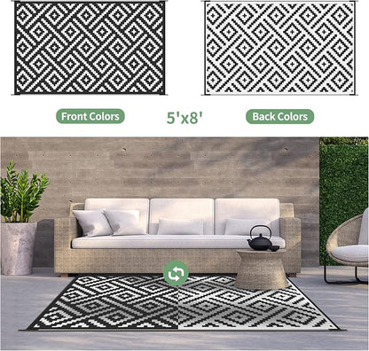 GENIMO Outdoor Rugs 8x10 Waterproof, Reversible Mats, Area Plastic Straw Rug, Outside Carpet, Geometric Rv Mat for Patio Camping Picnic Backyard Deck Balcony Porch Beach Trailer (Black & White) | Outside Larger Modern Carpet Mat for Porch Decor, Deck, ...