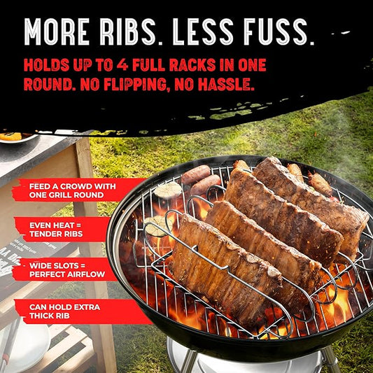 SHIZZO Rib Rack for Smoking & Grilling, Holds up to 4 Full Racks of Ribs, Foldable Design, Fits Large Gas Smoker or Charcoal Grill, Perfect BBQ Accessory, Smoker Accessories, Gifts for Men, Father