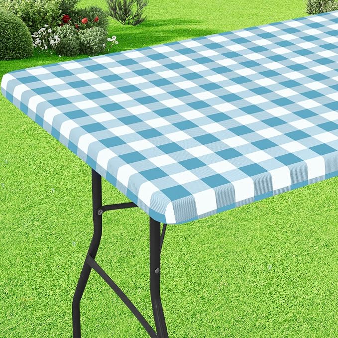 Buffalo Rectangle Picnic Tablecloth, 8 Foot Elastic Fitted Vinyl Table Cloth with Flannel Backing, Waterproof Plaid Table Covers for Dining, Camping, Outdoor (Aqua and White, 30" x 96")
