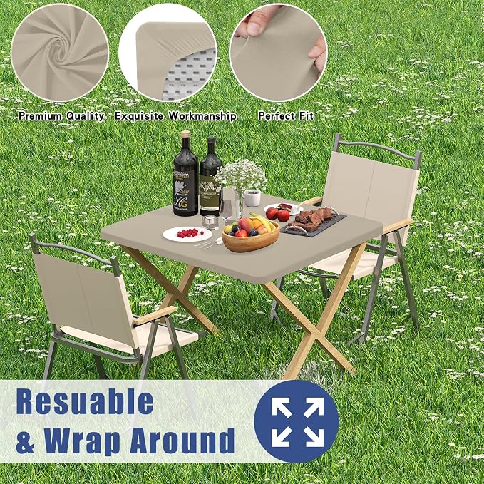 Moosfor 2 Pack Square Spandex Fitted Table Cloth, Elastic Tablecloth | Washable Picnic Table Cover, Stretch Waterproof Table cloths for Party, Patio, Dining, Kitchen, 34" x 34", Taupe