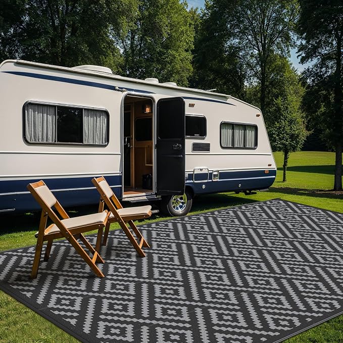 GENIMO Outdoor Rug, Waterproof Plastic Rugs 10'x20' for Camping Black Grey | Outside Larger Modern Carpet Mat for Patio Decor, RV, Porch, Camper, Deck, Picnic, Beach, Backyard, Reversible, Foldable