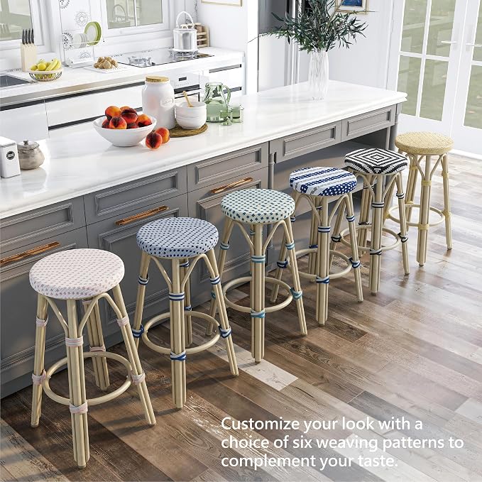Seadrift Boho 26-inch Aluminum and All-Weather Wicker Barstools with Footrest, Patio Stools & Bar Chairs for Outdoor, Kitchen Counter, Poolside, Yard, Set of 2, Gray and Navy Blue