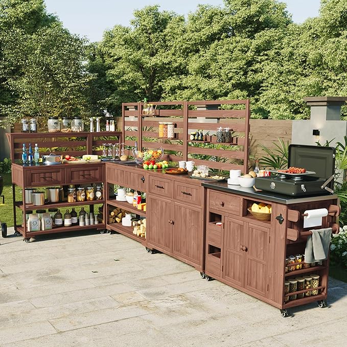 RUNNA 4-Piece Outdoor Rolling Kitchen Island with Sink w/Faucet, Solid Wood Grill Table with Storage Cabinets, Drawers, Stainless Table Top and Movable Shelves for Garden (Brown#38)