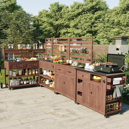 RUNNA 4-Piece Outdoor Rolling Kitchen Island with Sink w/Faucet, Solid Wood Grill Table with Storage Cabinets, Drawers, Stainless Table Top and Movable Shelves for Garden (Brown#38)