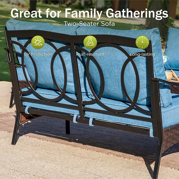 PHI VILLA Wicker & Metal Outdoor 2-Seat Patio Couch,Patio Sofa Loveseat with Deep Seating for Front Porch, Deck, Balcony, Backyard, Sunroom,Navy