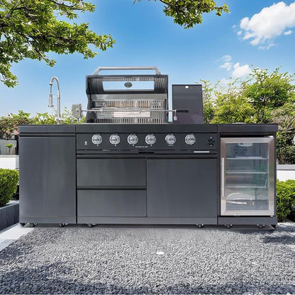 85" 4-Burner 72000 BTU Deluxe Outdoor Kitchen Island,304 Stainless Steel Modular LPG BBQ Grill Combination With Granite Countertops, Storage Cabinet, Refrigerator and Sink (85"-Black, Propane Gas)