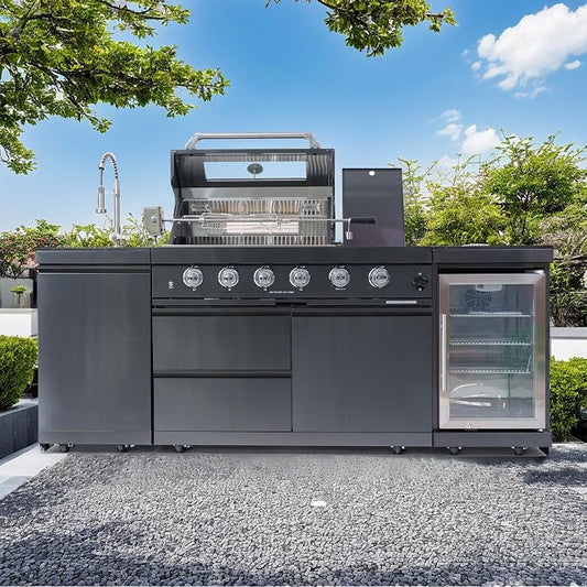 85" 4-Burner 72000 BTU Deluxe Outdoor Kitchen Island,304 Stainless Steel Modular LPG BBQ Grill Combination With Granite Countertops, Storage Cabinet, Refrigerator and Sink (85"-Black, Propane Gas)