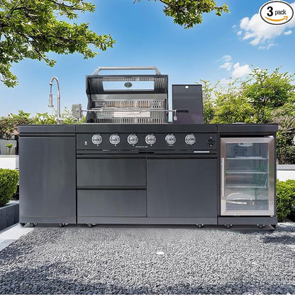 BBQ Island Outdoor Kitchen Kits 4-Burner 72000 BTU Stainless Steel Modular 85.4 Inch Natural Gas Outdoor Kitchen Bar Barbecue Island Grill with Refrigerator and Sink for Patio Backyard