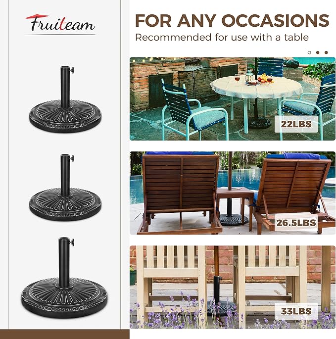 FRUITEAM 15" 26.5 lbs Round Patio Umbrella Base Pre-Filled Umbrella Stand Sun-Flower-Pattern Heavy Duty Market Umbrella Base Stand for Patio, Outdoor, Swimming Pool, Black
