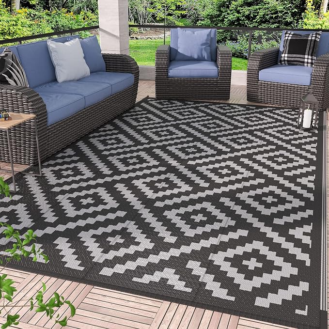 GENIMO Outdoor Rug, Waterproof Plastic Rugs for Patio, 6'x9' Black Grey | Outside Larger Modern Carpet Mat for Porch Decor, Deck, Balcony, Camping, RV, Backyard, Picnic, Beach, Reversible, Foldable