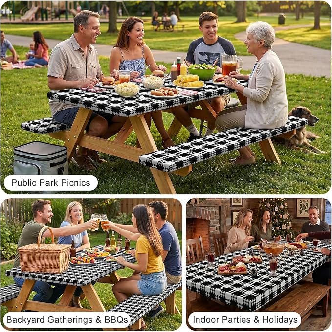 Picnic Table Cover with Bench Covers Windproof Waterproof Picnic Table Covers Camping Tablecloth with Self-Storage Bag, 72in, Black White