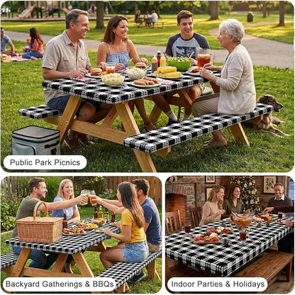 Picnic Table Cover with Bench Covers Windproof Waterproof Picnic Table Covers Camping Tablecloth with Self-Storage Bag, 72in, Black White