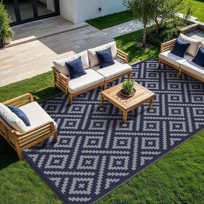 GENIMO Outdoor Rug, Waterproof Plastic Rugs 10'x14' for Camping Blue Grey | Outside Larger Modern Carpet Mat for Patio Decor, RV, Porch, Camper, Deck, Picnic, Beach, Backyard, Reversible, Foldable