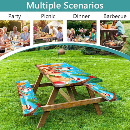 Picnic Table Cover with Bench Covers and Bag, Santa with Coconut Drink Camping Table Camping Essentials Cover with Elastic Edges for Indoor, Outdoor, Garden, 3Pcs, 30x60 Inch
