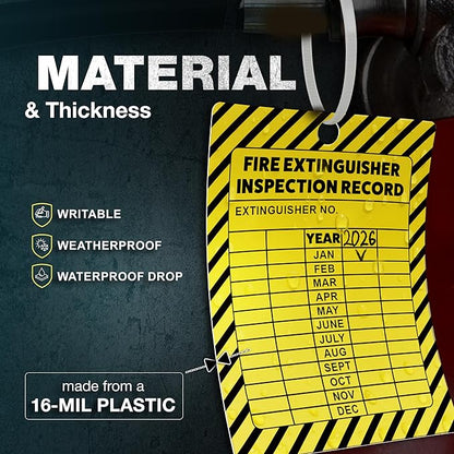 Fire Extinguisher Inspection Tags 2026-2029, Plastic 2.25 x 3 Inch Yellow for Indoor Outdoor Use, Durable Double-Sided Monthly Record and Pass Instructions, Include Zip Ties, 10 Pack
