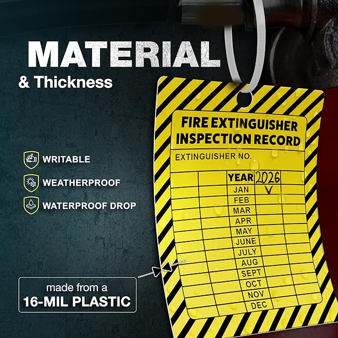 Fire Extinguisher Inspection Tags 2026-2029, Plastic 2.25 x 3 Inch Yellow for Indoor Outdoor Use, Durable Double-Sided Monthly Record and Pass Instructions, Include Zip Ties, 30 Pack