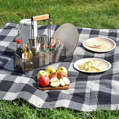 OMAIA BBQ and Grill Caddy with Paper Towel Holder, Wood Handle & 2 Hooks – Camper Accessories Condiment Caddy – Plates, Cutlery and BBQ Organizer for Camping Outdoor, RV - US Patent Pending
