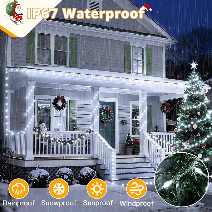 Ollny Christmas Lights Cool White, 600LED 197FT Christmas Tree Lights IP67 Waterproof, Plug in Fairy Lights with Remote 8 Modes Timer, Xmas Light for Outdoor Indoor House Holiday Decor