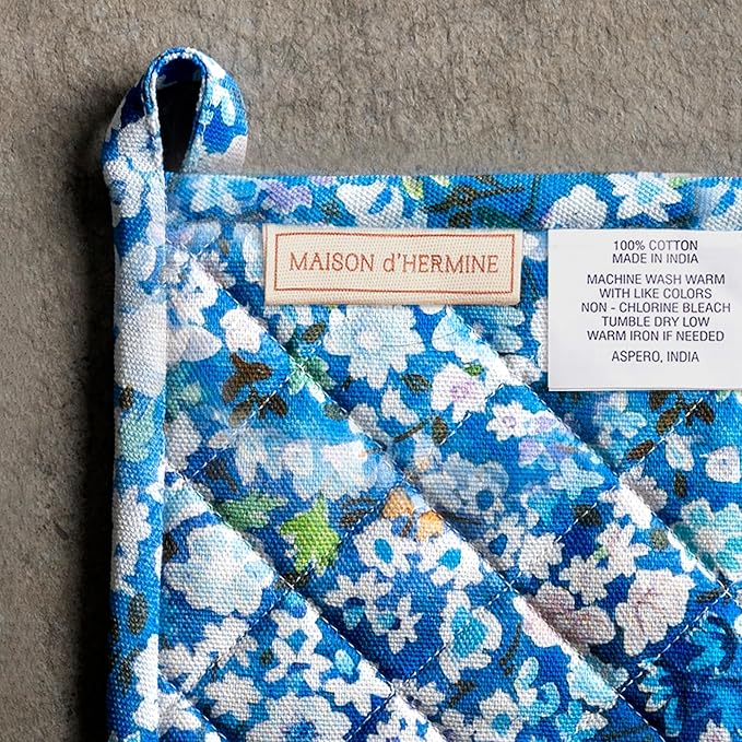 Maison d' Hermine 100% Cotton Oven Mitt & Pot Holder Set (7.5"x13" & 8"x8") Heat Resistant BBQ Cooking Gloves with Loop Baking Grilling Kitchen Hotel Home Farmhouse Spring Summer (Summer Blues)