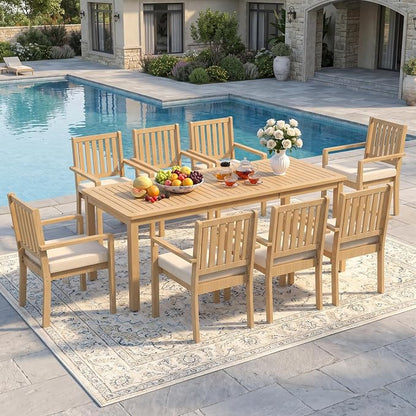 Wisteria Lane 9 Pieces Acacia Outdoor Patio Table and Chairs Set for 8, Patio Outdoor Dining Table Set with Cushion, Modern Outdoor Patio Set for Deck Lawn Backyard Garden, Brown