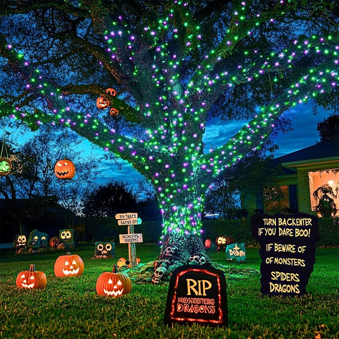 JMEXSUSS 2 Pack Solar Halloween Lights, Tot. 400LED 151FT, Purple and Green | Outdoor Waterproof, 8 Modes Solar String Lights for Outside Patio Yard Garden Tree Decorations