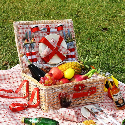 Wicker Picnic Basket Set for 4, Blanket, Cooler Bag, Red Heart | Four-Person Wicker Set Includes Tableware, Insulated Food Storage and Waterproof Blanket for Parks, Camping, Dates and Gifts