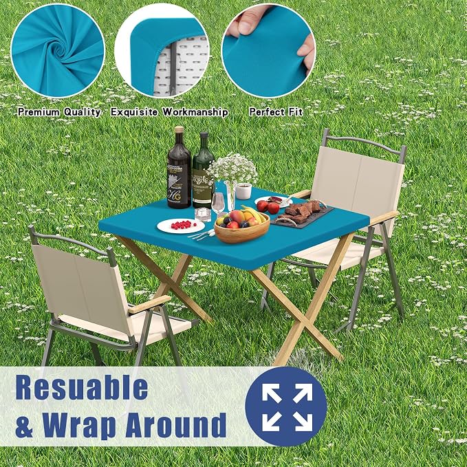 Moosfor 2 Pack Square Spandex Fitted Table Cloth, Elastic Tablecloth | Washable Picnic Table Cover, Stretch Waterproof Table cloths for Party, Patio, Dining, Kitchen, 34" x 34", Teal