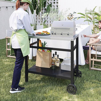 DDK Outdoor BBQ Prep Cart | 2-Tier Grill Table with Stainless Steel Top | Rolling Utility Cart for Patio, Pizza Oven, Grilling & Meal Prep