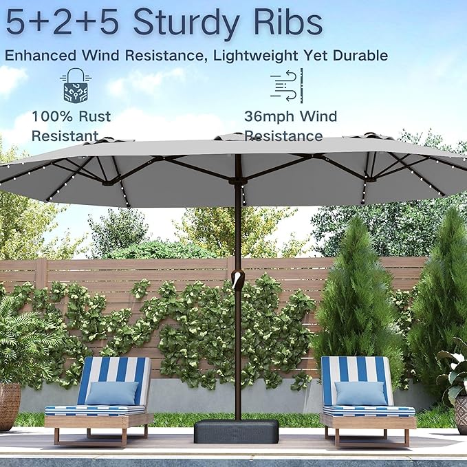 Kingdura 13ft Large Patio Umbrella with Solar Lights, Double-Sided Rectangle Outdoor Table Umbrella with Base Included, 12 Reinforced Ribs, 48 Led Lights, Crank Lift for Market Pool Deck, Light grey