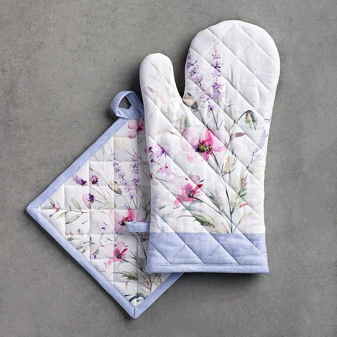 Maison d' Hermine 100% Cotton Oven Mitt & Pot Holder Set (7.5"x13" & 8"x8") Heat Resistant BBQ Cooking Gloves with Loop Baking Grilling Kitchen Hotel Home Farmhouse Spring Summer (Summer Floral)