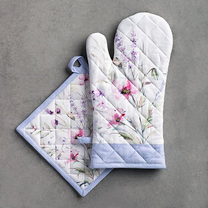 Maison d' Hermine 100% Cotton Oven Mitt & Pot Holder Set (7.5"x13" & 8"x8") Heat Resistant BBQ Cooking Gloves with Loop Baking Grilling Kitchen Hotel Home Farmhouse Spring Summer (Summer Floral)