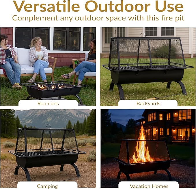 Sunnydaze 36-Inch Northland Steel Outdoor Fire Pit with Grill - Outdoor Fireplace with Cooking Grate, Spark Screen, Cover, and Poker