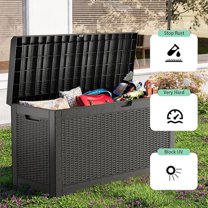 70 Gallon Outdoor Storage Box Waterproof Outside Resin Deck Box, Lockable Storage Bin for Patio Furniture,Garden Tools,Cushions(Black)
