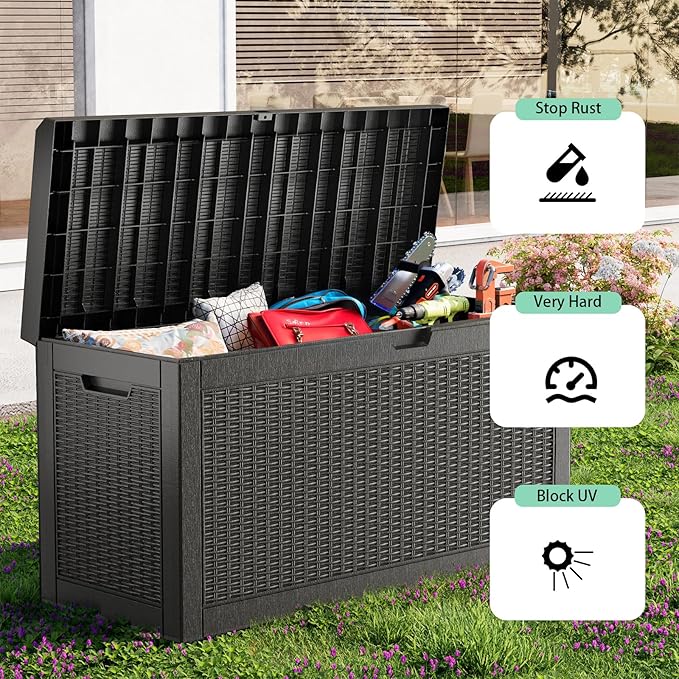 PatioZen 70 Gallon Deck Box Outdoor, Weatherproof Resin Patio Storage Box, Waterproof Outdoor Storage Boxes with Lid Lockable for Cushions, Garden Tools,Black