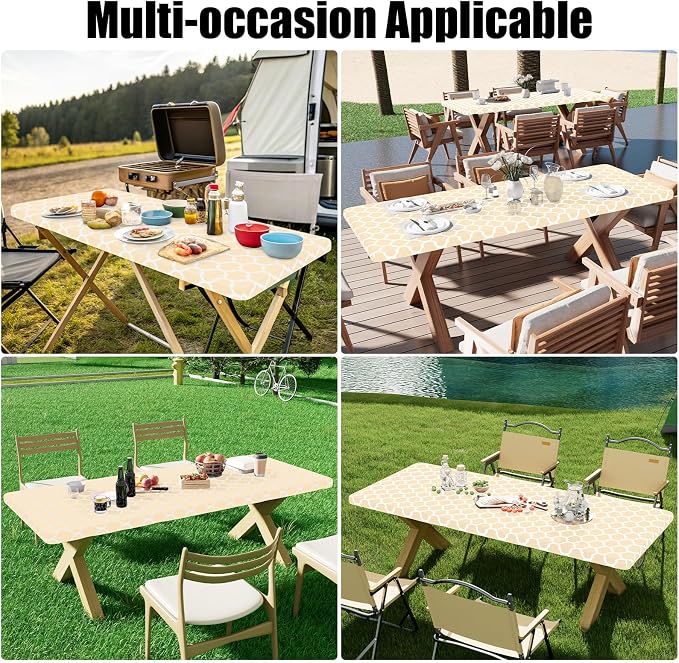 Smiry 2 Pack Rectangle Table Cloth 6 Foot, Waterproof Elastic Fitted Tablecloths, Windproof Washable Polyester Table Cover for Picnic, Camping, Outdoor (Beige, 30"x72")